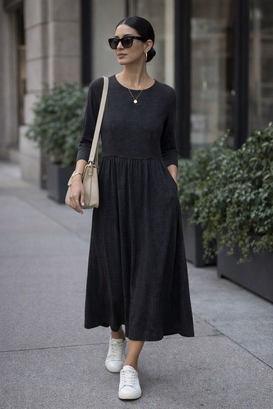 Steven Stolman A-Line Dress Charcoal Gray Midi Long Sleeve Pleated Size 8